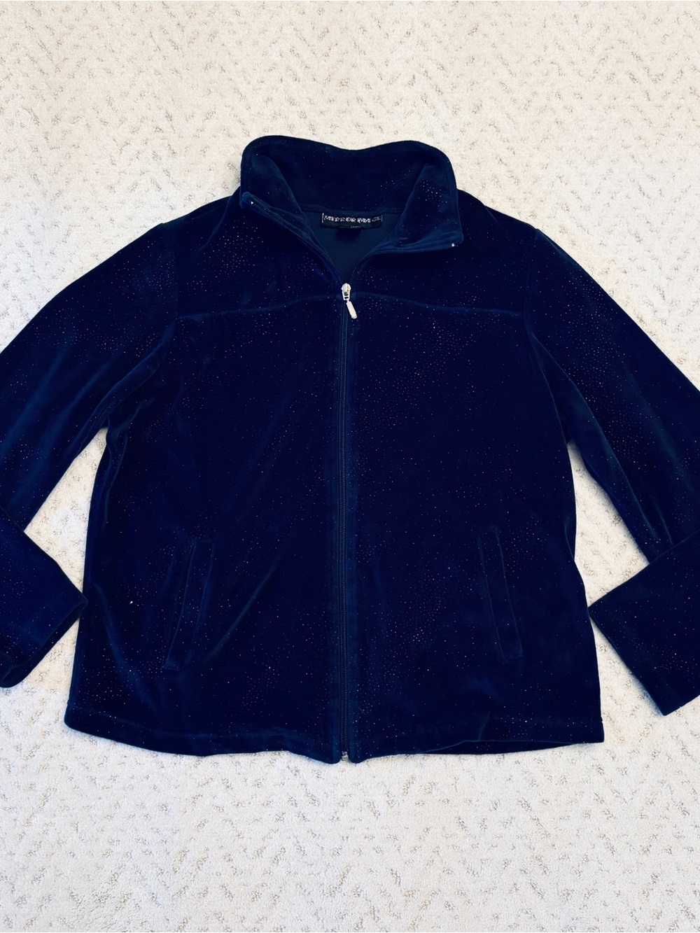 Mirror Image Midnight Blue Sparkle Velvet Velour Zip Up Jacket Size Large y2k
